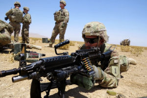 M249 SAW - U.S. Army Spc. Carlos Pena, right, assigned to Bravo Troop, 6th Squadron, 4th Cavalry Regiment, takes aim at the targets with his M249 light machine gun at the range during training in Kunduz, Afghanistan, July 3, 2013. U.S. Soldiers with the 6th Squadron, 4th Cavalry Regiment, 3rd Brigade Combat Team, 1st Infantry Division, based out of Fort Knox, Ky., arrived at Afghanistan in May in support of Operation Enduring Freedom. (U.S. Army photo by 1st Lt. Charles Morgan/Released)